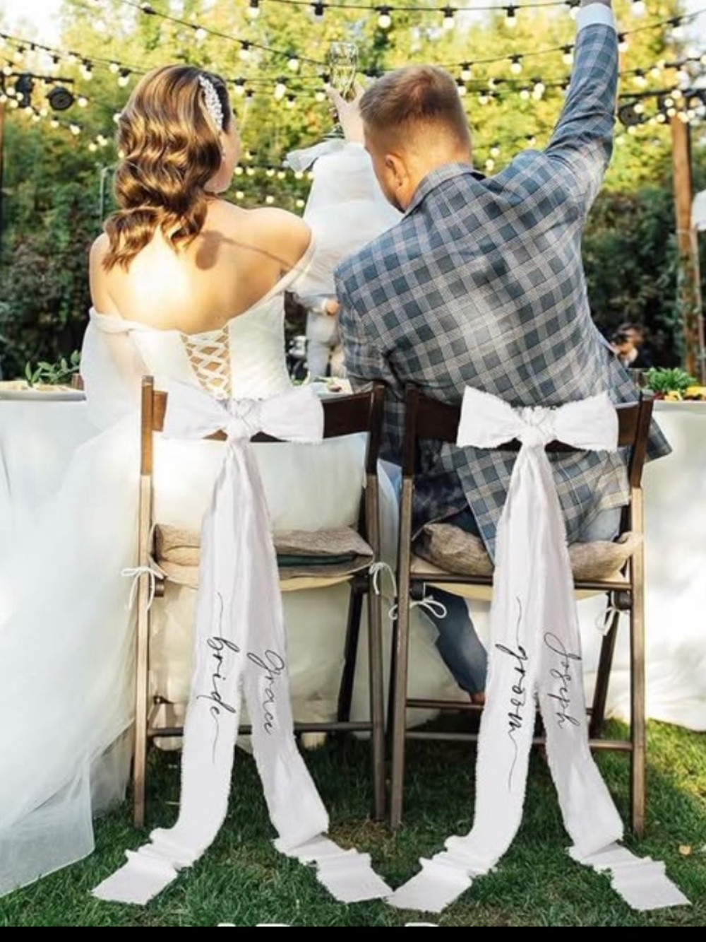 White Wedding Chair Sashes with Customizable Script